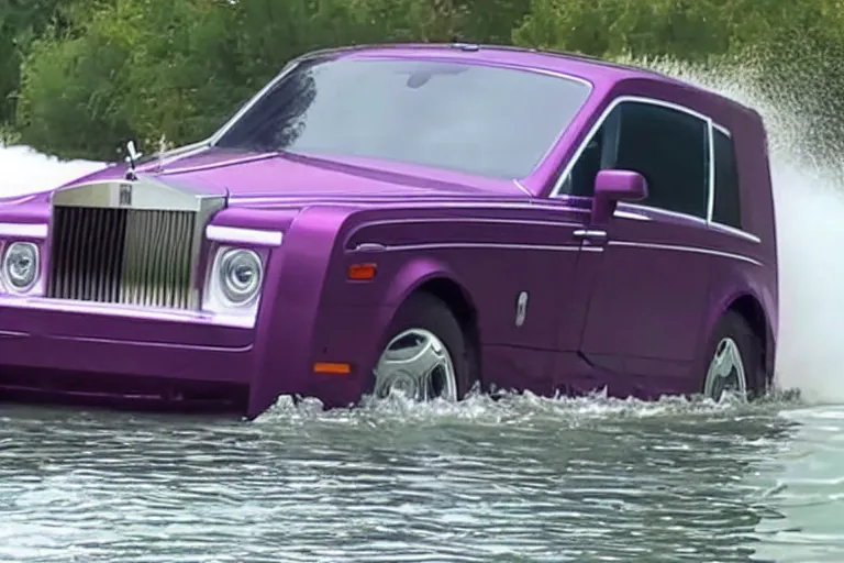 Image similar to Teenagers push Rolls-Royce into lake with their hands from a small slide wanting to drown him