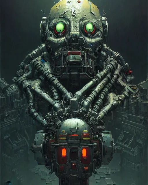 Image similar to bastion from overwatch, evil robot, character portrait, portrait, close up, concept art, intricate details, highly detailed, horror poster, horror, vintage horror art, realistic, terrifying, in the style of michael whelan, beksinski, and gustave dore