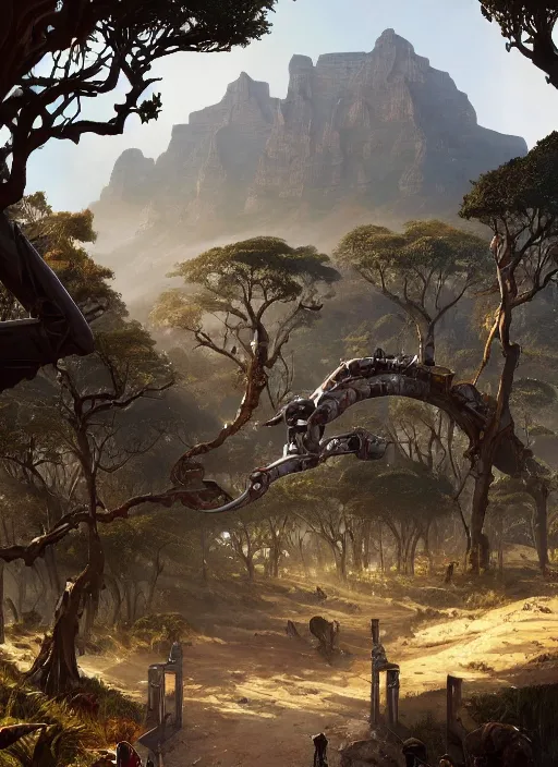 Image similar to hyper realistic robot attacking cape town city beautiful details, gnarly trees, strong composition, poster painted by greg rutkowski, concept art, arcane style, hearthstone wizards of the coast norman rockwell, james gurney and greg rutkowski weta studio, and lucasfilm and best of artstation