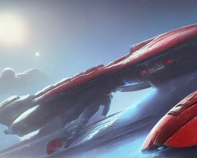 Image similar to legendary red space ship, tortoise shape, snow planet, alien technology, cinematic, highly detailed, large blue engines, scifi, intricate digital painting, interesting angle, gigantic landing pad, scifi base, artstation, by johnson ting, jama jurabaev