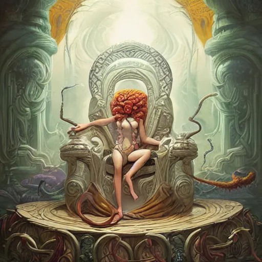 Prompt: lovely medusa in her throne room, realistic, intricate, highly detailed, peter mohrbacher