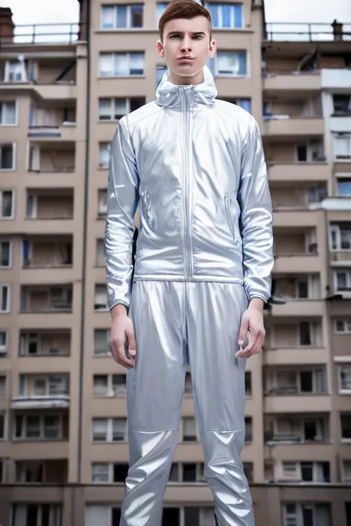 Image similar to un ultra high definition studio quality photographic art portrait of a young man standing on the rooftop of a british apartment building wearing soft padded silver pearlescent clothing. three point light. extremely detailed. golden ratio, ray tracing, volumetric light, shallow depth of field. set dressed.