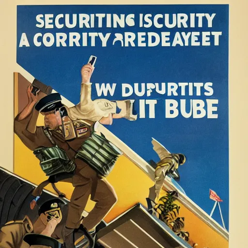 Image similar to + a security guard slumps sleeping at a computer + while a bumblebee carries a brown briefcase in the background, highly detailed, ww 2 american propoganda poster, colorized