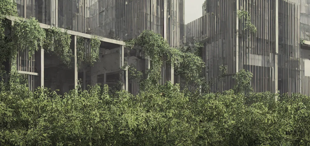 Prompt: exterior abandoned modern building architecture, some vines, daylight, volumetric, hyper realistic, artstation photo realististic, 8k cinematic, high texture detail,