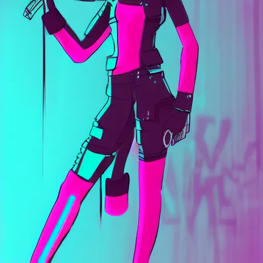 Image similar to female anthro character in teal and pink cyberpunk style, hd,