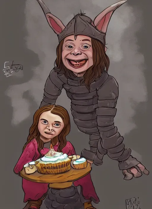 Image similar to greta thunberg as a medieval goblin eating cakes. detailed digital art, trending on Artstation