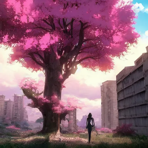 Image similar to a beautiful pink tree growing out of apocalyptic ruins. Makoto Shinkai, anime, trending on ArtStation, digital art.