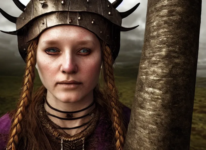 Prompt: a young female viking seer witch in the village. Seer wears traditional viking markings and makeup. Highly detailed. 8k. Fantasy horror.