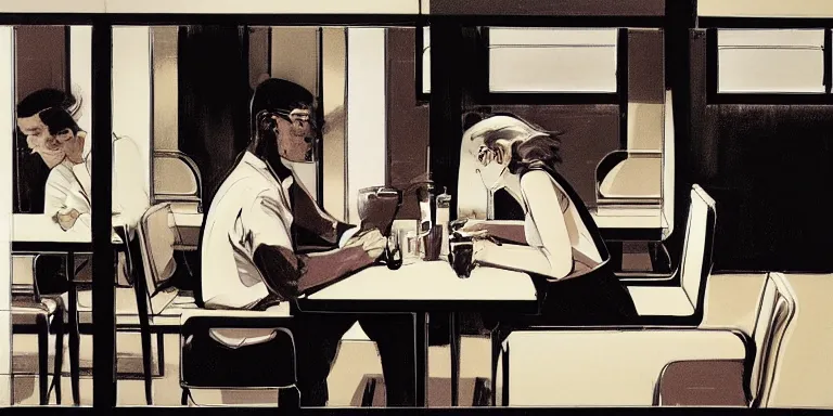 Prompt: a man and a girl seated face to face, having coffe in an empty diner, storyboard panel by syd mead, large shot, frontal view, grayscale pantone