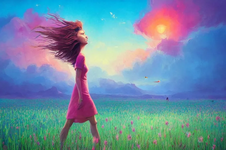 Image similar to giant gladiola head, girl walking in field of flowers, surreal photography, sunrise, blue sky, dramatic light, impressionist painting, digital painting, artstation, simon stalenhag