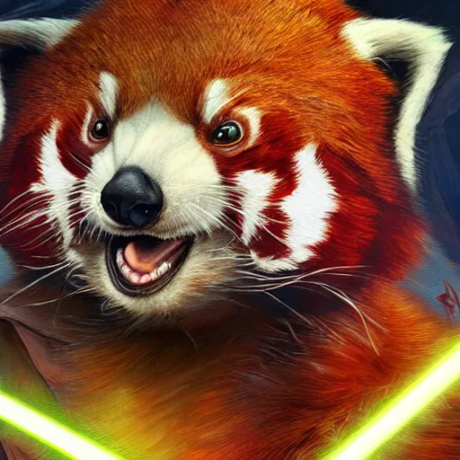 Prompt: red panda jedi, illustration, epic, fantasy, intricate, hyper detailed, artstation, concept art, smooth, sharp focus, ray tracing, vibrant, photorealistic, volumetric lighting, illustration, hearthstone, simon bisley