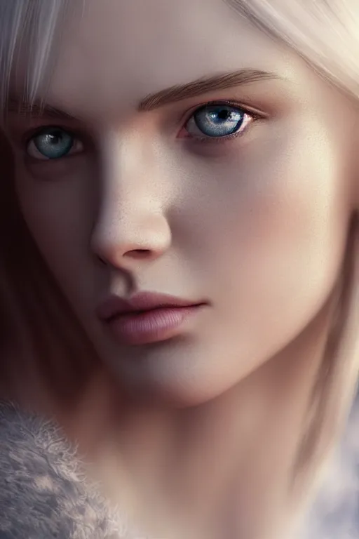 Image similar to ultra realistic facial portrait of a beautiful nordic woman, blue eyes, white hair, digital art, character portrait, highly detailed, trending on artstation, lens flare, atmosphere, hyper realistic, cinematic lightning, sharp focus, unreal engine 5, extreme details perfect face, pretty face, fine - face, illustration, 8 k, ultra texture, masterpiece