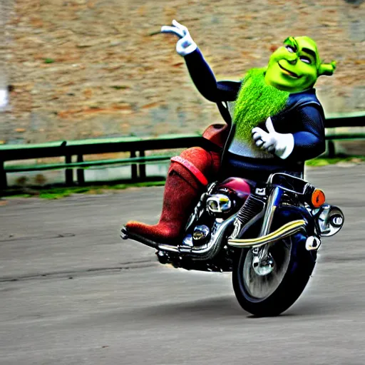 Image similar to shrek doing motorcycle wheelie