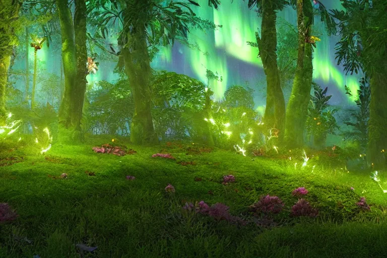 Image similar to beautifully detailed painting of a dreamy psychedelic rainforest with fireflies and fairies and an aurora borealis, and moss rendered in unreal engine 5