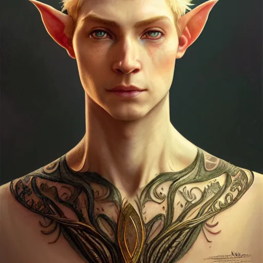 Image similar to portrait painting of a young elven man with a soft face and short light orange hair and tribal tattoos on his face wearing feather armor, ultra realistic, concept art, intricate details, eerie, highly detailed, photorealistic, octane render, 8 k, unreal engine. art by artgerm and greg rutkowski and charlie bowater and magali villeneuve and alphonse mucha