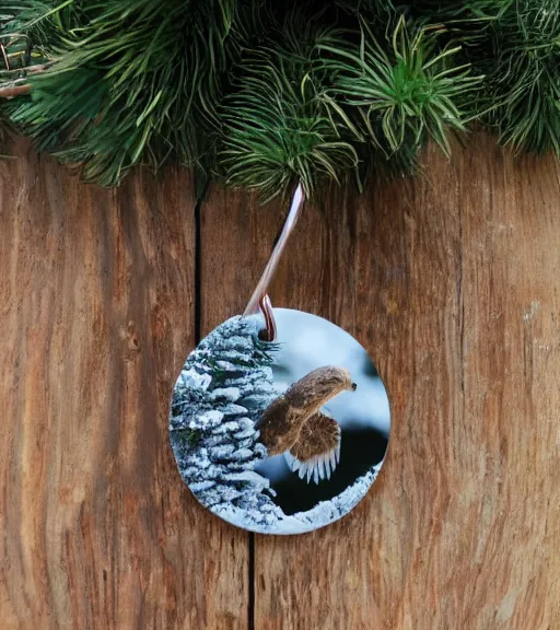 Prompt: realistic keychain of an eagle in the nest of a snowy pine tree