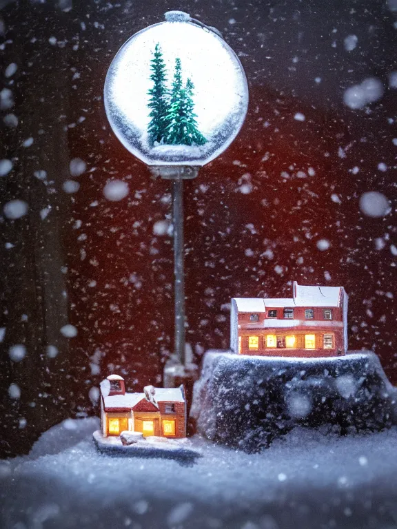 Prompt: small diorama a soviet residential building inside snow globe, lights are on in the windows, cozy atmosphere, fog, cold winter, snowing, streetlamps with orange volumetric light, birches nearby,