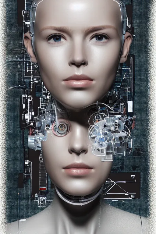 Image similar to robot with human face, female head, full body angle, woman human face, human face realistic, beautiful blonde hair, human head, human head with blonde hair, blonde hair human head, blonde hair, human realistic face, human head skin, cyborg frame concept, cyborg by ales-kotnik, sci-fi android female, the body is made of wires, robotic body, cyborg body, cyborg bust body, robot body cyborg, full body