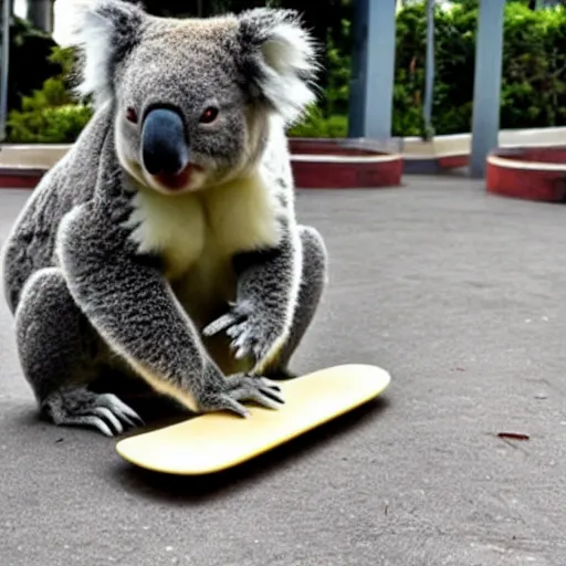 Prompt: photo of a Koala skateboarding in china