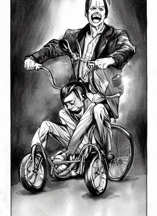 Prompt: beautiful concept art comic book drawing of steve buscemi riding a tricycle by randy vargas and by simon bisley
