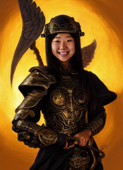 Image similar to Close-up portrait of smiling young asian woman wearing a pitch black armor with giant skulls extending from it, a golden winged helmet and, holding a magic staff, portrait, fireball, highly detailed, digital painting, artstation, concept art, sharp focus, illustration, art by artgerm and greg rutkowski and alphonse mucha