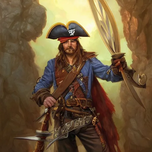 Prompt: Pirate captain wielding a sandstone rapier and sandstone dagger. Wearing a hat with an impressive feather and with a brutal scar across his neck, fantasy D&D character, portrait art by Donato Giancola and Bayard Wu, digital art, trending on artstation, 4k