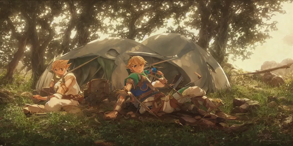 Image similar to cinematic full anime portrait of link from zelda resting with his bow at his tent. intricate, elegant, highly detailed, digital art, artstation, concept art, smooth, sharp focus, illustration, by stanley artgerm, greg rutkowski, studio ghibli, alphonse mucha, norman rockwell 8 k