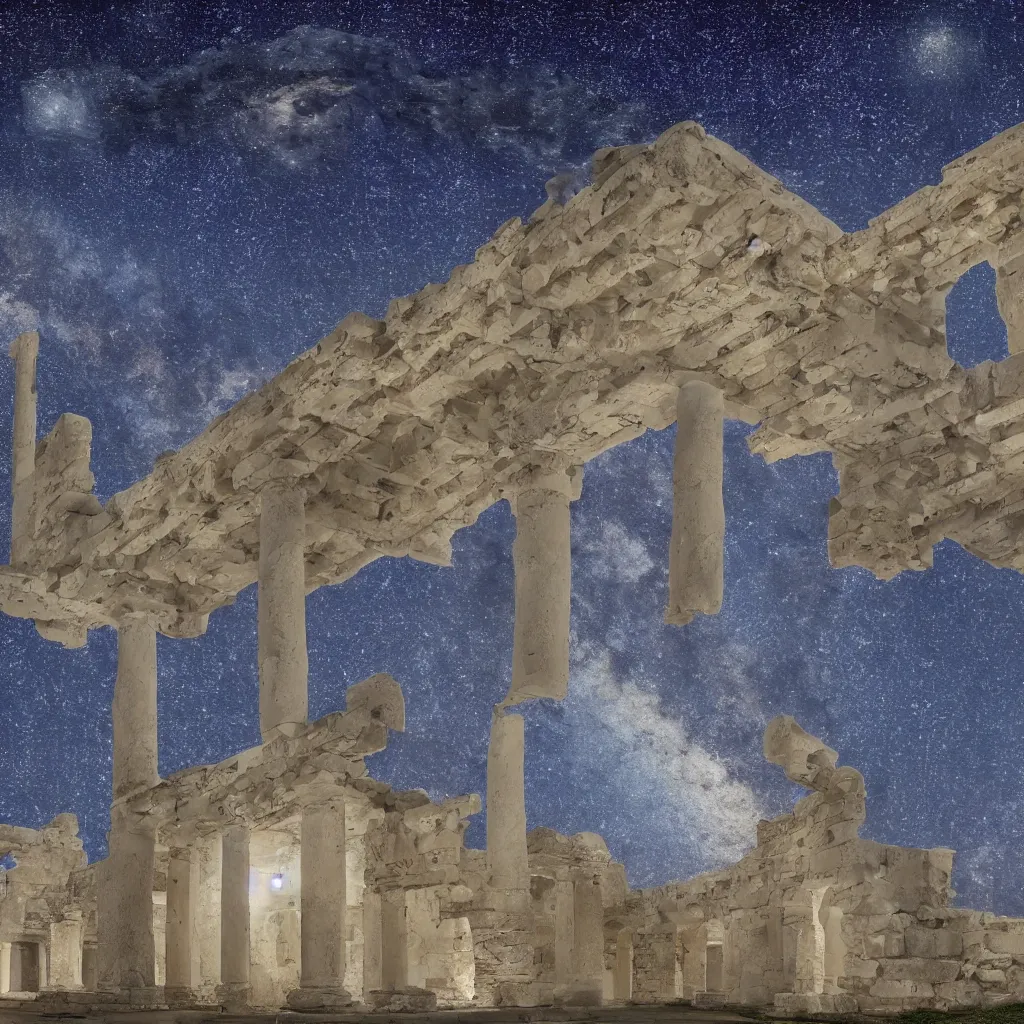 Image similar to starry night roman building made out of white stone bright high contrast cinematic lighting highly detailed 4 k resolution