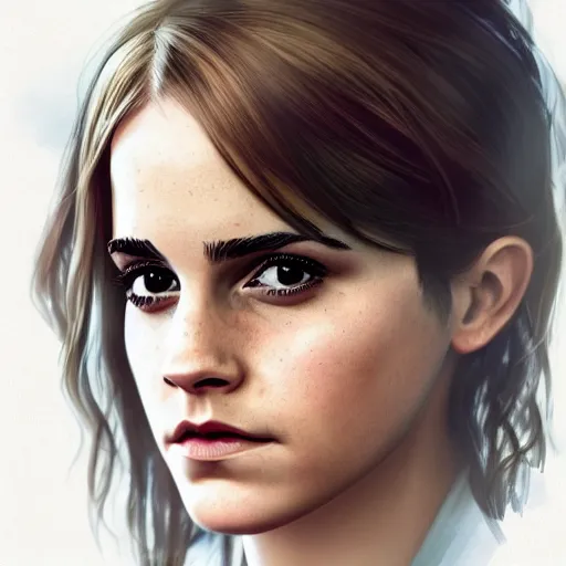 Image similar to portrait of emma watson staring intensely at the viewer, beautiful, long hair, high detail, artstation