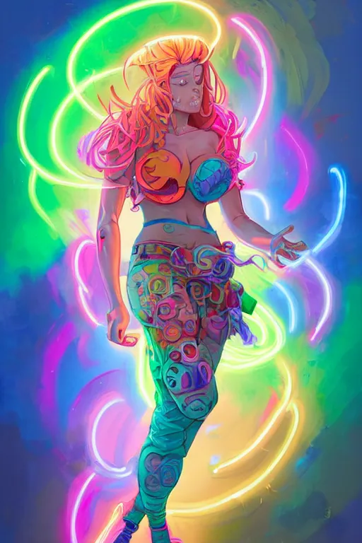 Image similar to a award winning full body portrait of a beautiful woman with stunning eyes in a one off shoulder croptop and cargo pants with rainbow colored hair, outlined by whirling illuminated neon lines and fine lines swirling in circles by jesper ejsing and rhads and makoto and shinkai and lois van baarle, digital art, trending on artstation