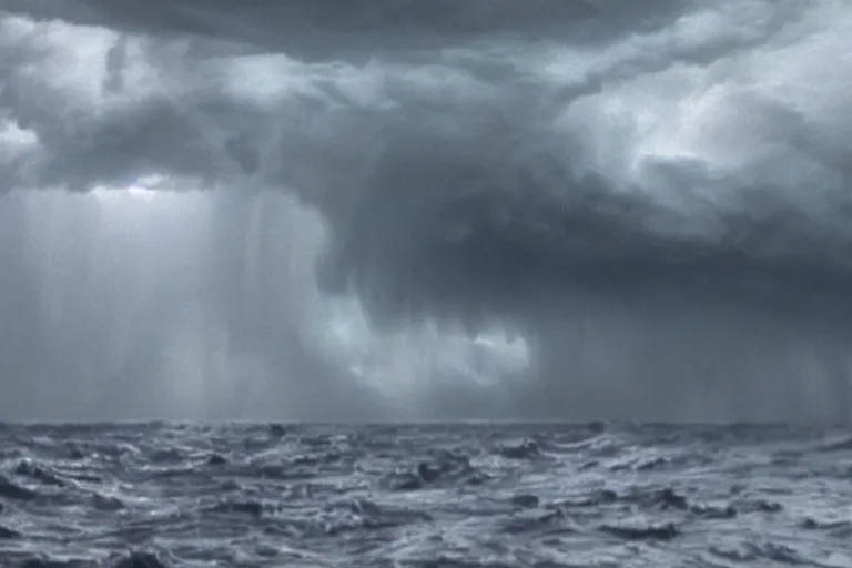 Image similar to surreal scene of a storm at sea, cinematic masterpiece