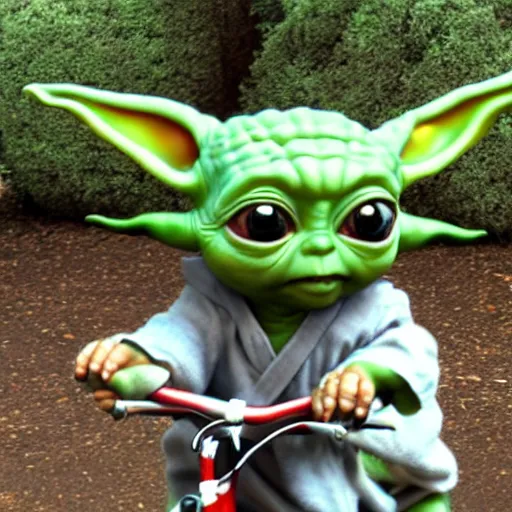 Prompt: baby yoda riding a bike