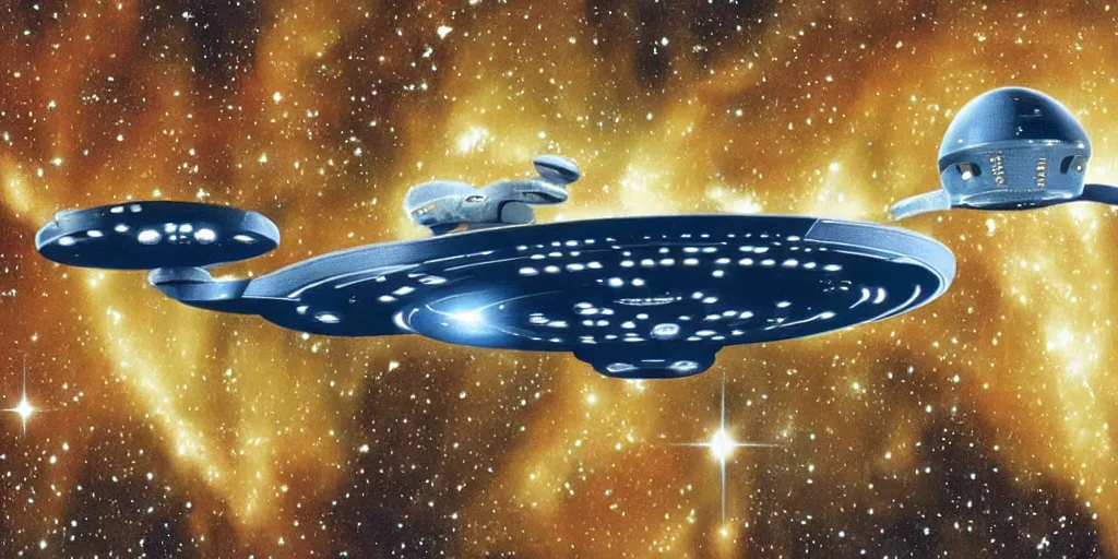 Image similar to star trek`s enterprise spaceshipe flying in a starry outer space