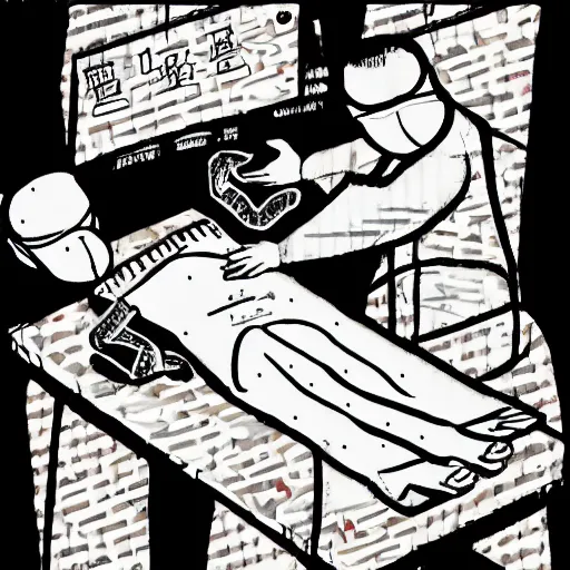 Image similar to chinese surgeons cutting up a body on an operating table, in the style of daniel johnston and outsider art, 8k, line brush, overlaid with traditional chinese adverts