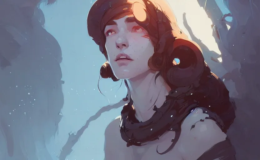 Image similar to portrait of female druid by atey ghailan, by greg rutkowski, by greg tocchini, by james gilleard, by joe fenton, by kaethe butcher, digital art, trending on artstation, highly detailed, concept art, dynamic lighting, gradient light blue, brown, blonde cream and white color scheme, grunge aesthetic