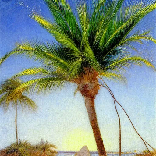 Image similar to a ultradetailed beautiful painting of jericoacoara by jules bastien - lepage, hans belmer, frank weston and gustave baumann, trending on artstation, mediterranean, palm trees, light sparkles, sharp focus, soft light