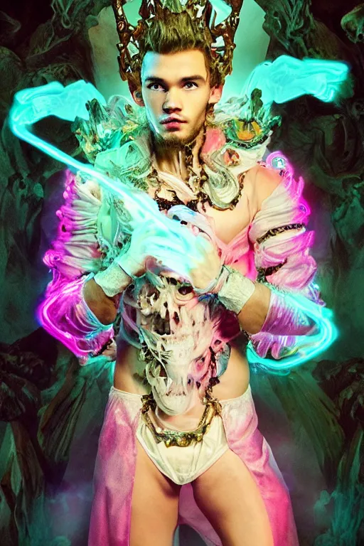 Prompt: photo of full-body rococo and cyberpunk delicate neon crystalline sculpture of ((handsome muscular onyx albino prince Liam Payne)) as an blue iridescent humanoid deity wearing ((peach plastic hooded cloak)) (holding an onyx skull) in a onyx castle dungeon, reclining, glowing pink face, crown of (pink lasers), large blue diamonds, swirling black silk fabric. futuristic elements. oozing glowing liquid, full-length view. space robots. intricate artwork by caravaggio. Trending on artstation, octane render, cinematic lighting from the right, hyper realism, photorealistic, octane render, 8k, depth of field, 3D