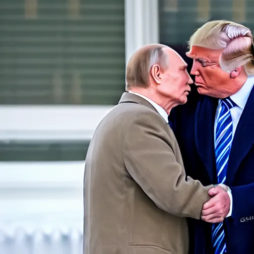 Prompt: telephoto candid cropped photo of trump kissing putin, zeiss 1 5 0 mm, sharp focus, natural lighting, ultra realistic, high definition 4 k photo