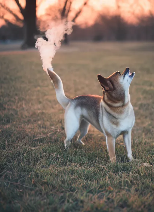 Image similar to Digital art of Shibu Inu smoking, 35mm, f/1.4, Golden Hour light, ,