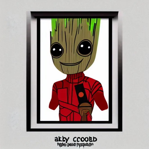 Image similar to baby groot and random english words with red and black colors as pop smoke album cover