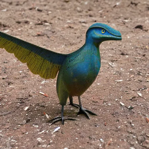 Prompt: real photograph small birdlike dinosaur