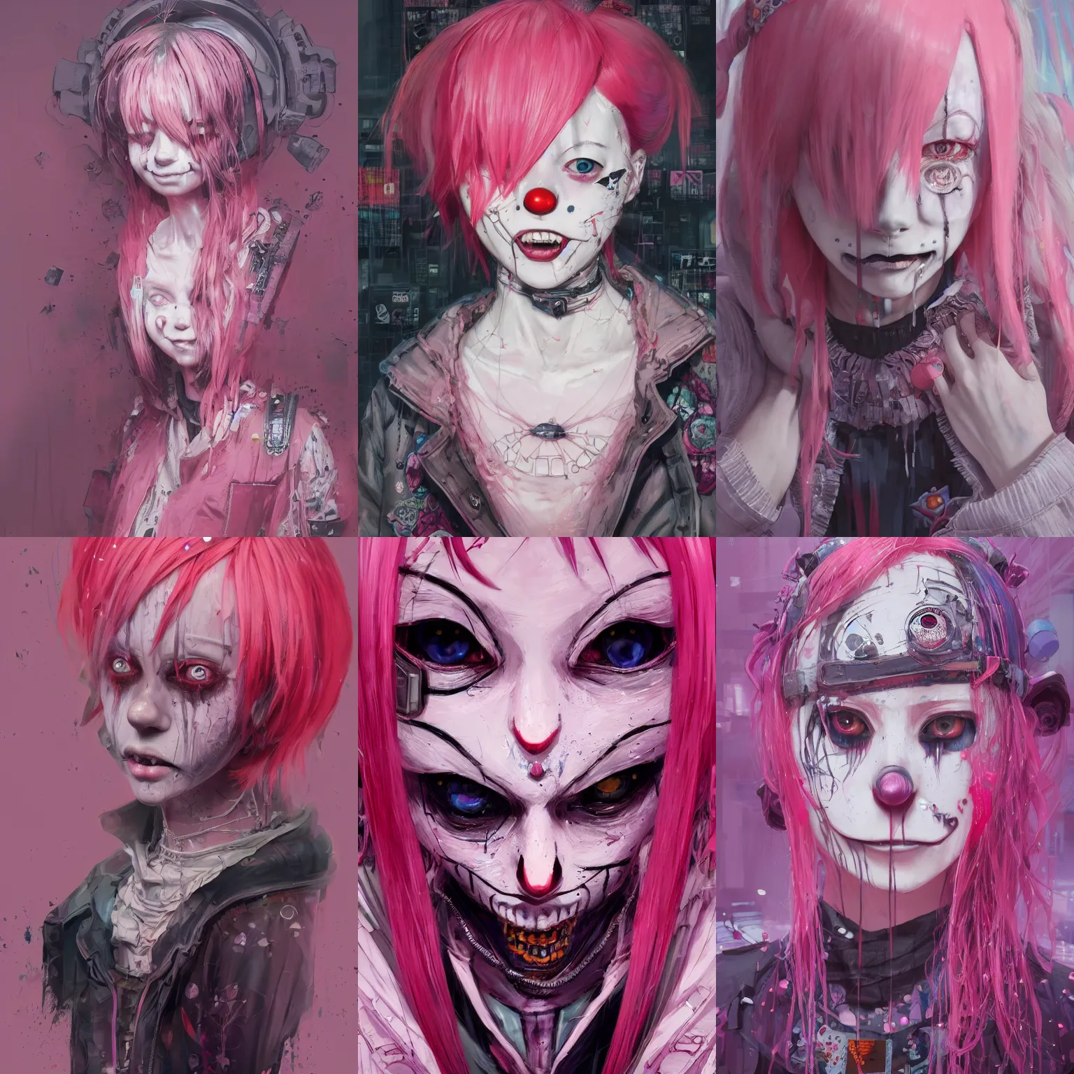 Image similar to by kyoto animation, very creepy clown girl pink hair, tears from the eyes, wearing cyberpunk intricate streetwear, beautiful, detailed portrait, intricate complexity, ilya kuvshinov, cell shaded, 4 k, concept art, by wlop, ilya kuvshinov, greg rutkowski, sharp focus, volumetric lighting, cinematic lighting