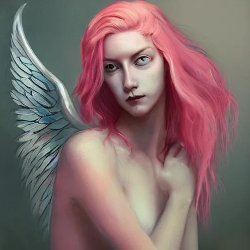 Image similar to beautiful warrior angel with pink hair, upper body, blue piercing eyes, mystery, love, thin features, beautiful aesthetic, by james jean, trending on artstation, digital art