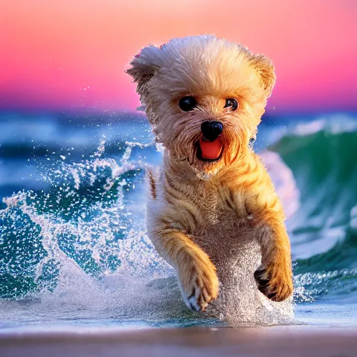 Image similar to a closeup photorealistic photograph of a cute smiling tiger bichon puppy splashing in the surf during sunset. professional capture, well lit shot. this 4 k hd image is trending on artstation, featured on behance, well - rendered, extra crisp, features intricate detail, epic composition and the style of unreal engine.