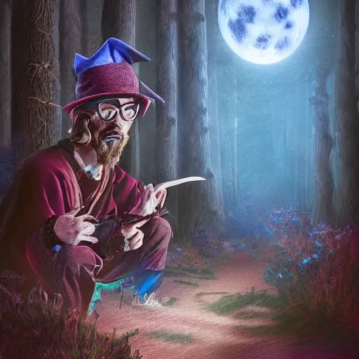 Prompt: portrait of the terrified Rincewind in the dark Forbidden Forrest, at night, full moon, blue tones, detailed, hyperrealistic, colorful, cinematic lighting, digital art by Kate Oleska