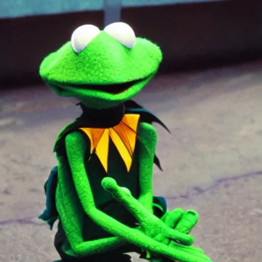 Prompt: kermet the frog from the muppets dressed as a 2000 scene emo