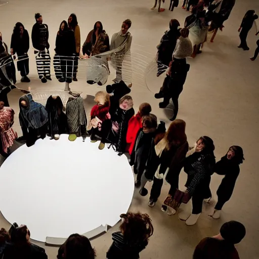 Image similar to A beautiful art installation of a group of people standing around a circular table. In the center of the table is a large, open book. The people in the art installation are looking at the book with interest and appear to be discussing its contents. Tumblr by Gareth Pugh, by Jan Pietersz Saenredam stormy