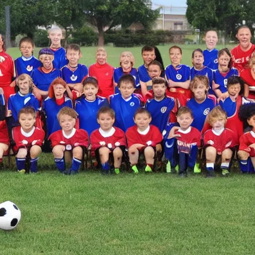 Prompt: a kids soccer team photo where one of the kids is a chimpanzee