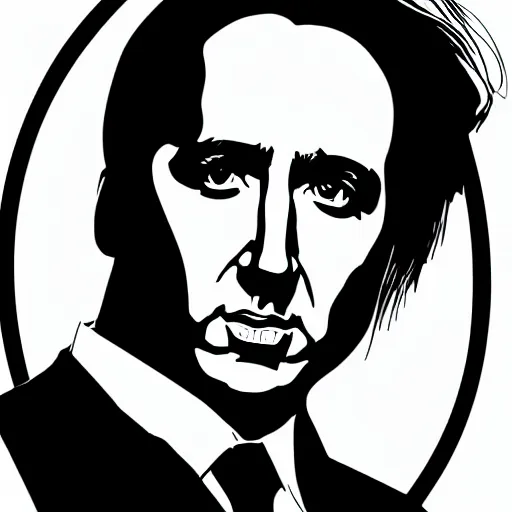 Image similar to a simplified black and white vector based illustration of Nicholas Cage, created in Adobe illustrator, black ink shading on white background, smooth vector curves, vinyl cut ready