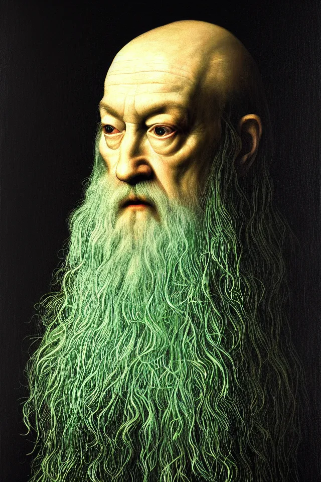 Prompt: bizarre renaissance portrait of dumbledore as a highly detailed celery stick, dramatic cinematic lighting, 8 k, beautiful intricate painting by dan mumford